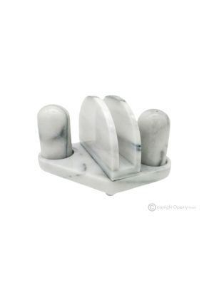 NAPKIN HOLDER WITH SALT AND PEPPER CONTAINERS in Bianco Ibiza marble, handmade, authentic natural stone.