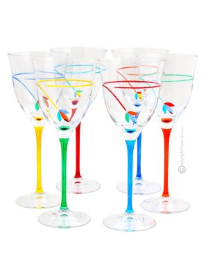 CALICE ACQUA GIGLIO Set 6 water glasses globlets chalices hand painted crystal Venice authentic Made in Italy