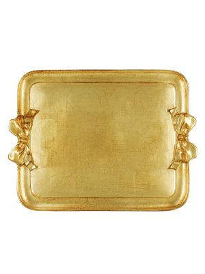 VASSOIO FIOCCO Tray Rectangular Handles Bow in Gold Leaf Wood Hand Made Made in Italy