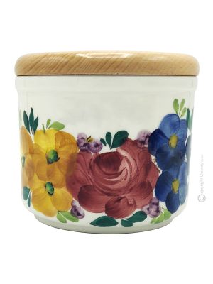 CONTENITORE CILINDRICO Canister container food storage jar in ceramic with wood lid  handcraft handmade hand painted authentic Made in Italy from the Friuli region