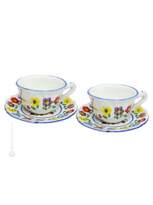 TAZZE UCCELLINI set tea cappuccino coffee cups with saucers Castelli ceramic authentic handmade Abruzzo Made in Italy