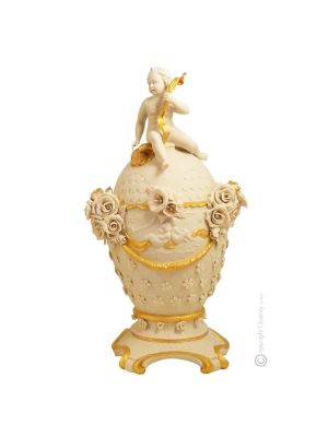 POTICHE WITH CHERUB AND FLOWERS Ceramic centerpiece porcelain Capodimonte handmade Made in Italy exclusive  authentic