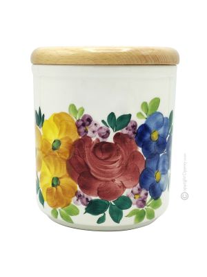 CONTENITORE CILINDRICO Canister container food storage jar in ceramic with wood lid  handcraft handmade hand painted authentic Made in Italy from the Friuli region