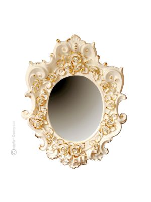 SPECCHIERA CRYSTAL & ROSES Ceramic mirror wall decorative hanging baroque style artistic ceramic with 24k gold details Made in Italy