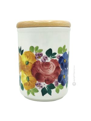 CONTENITORE CILINDRICO Canister container food storage jar in ceramic with wood lid  handcraft handmade hand painted authentic Made in Italy from the Friuli region