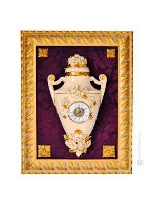 TABLEAU WITH CLOCK Wall picture ceramic decorative hanging baroque style artistic ceramic with 24k gold details Made in Italy