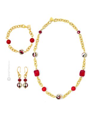 PARURE FUNNY jewellery set necklace bracelet earrings handmade pearls in Murano-Venice glass with gold 18k authentic Made in Italy