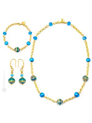 PARURE FASCIA ORO jewellery set necklace bracelet earrings handmade pearls in Murano-Venice glass with gold 18k authentic Made in Italy