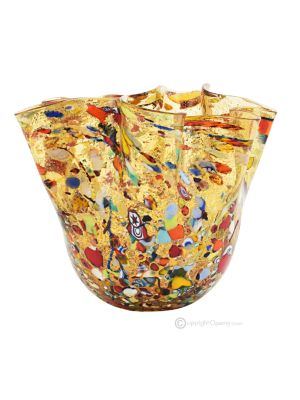 FAZZOLETTO ARLECCHINO Centerpiece authentic Murano blown glass with Murrine and 925 silver leaf Made Italy