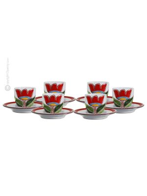 TAZZINE TULIPANO set 6 espresso coffee cups with saucers ceramic authentic handmade Sicily Made in Italy