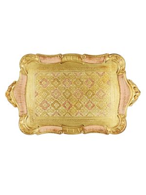 VASSOIO DORATO TAPPETO ROSA Tray Wood Gold Pink Decorations Handcraft Made in Italy