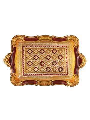 VASSOIO DORATO TAPPETO BORDEAUX Tray Wood Gold Decorations Handcraft Made in Italy