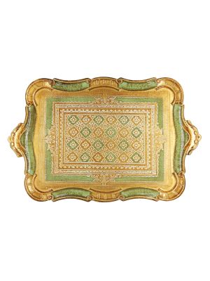 VASSOIO DORATO TAPPETO VERDE Tray Wood Gold Green Decorations Handcraft Made in Italy