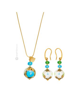 PARURE MARMO jewellery set necklace earrings handmade pearls in Murano-Venice glass with gold 18k authentic Made in Italy