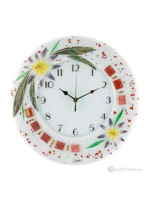 ASTER Wall clock, artistic glass decorated in floral relief, handmade