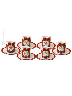 TAZZINE SOLE ROSSO set 6 espresso coffee cups with saucers ceramic authentic handmade Sicily Made in Italy