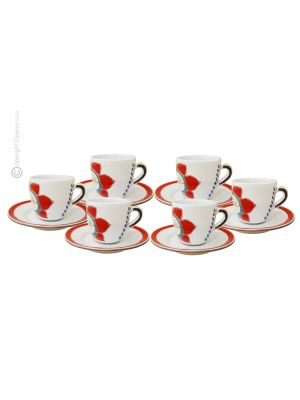 TAZZINE SOLE ROSSO set 6 espresso coffee cups with saucers ceramic authentic handmade Sicily Made in Italy